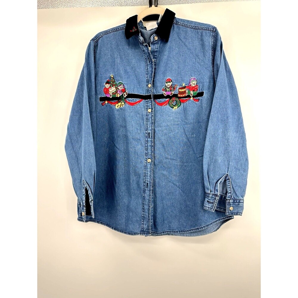 Bobbie Bobbie brooks Christmas denim embroidered long sleeves chambray shirt L
